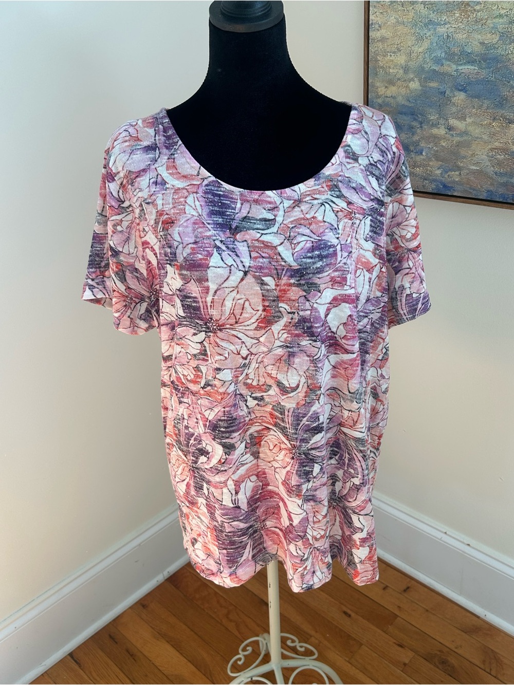 Croft & Barrow Purple Floral Short Sleeve Top  Rhinestone Detail  XL NEW ARTSY